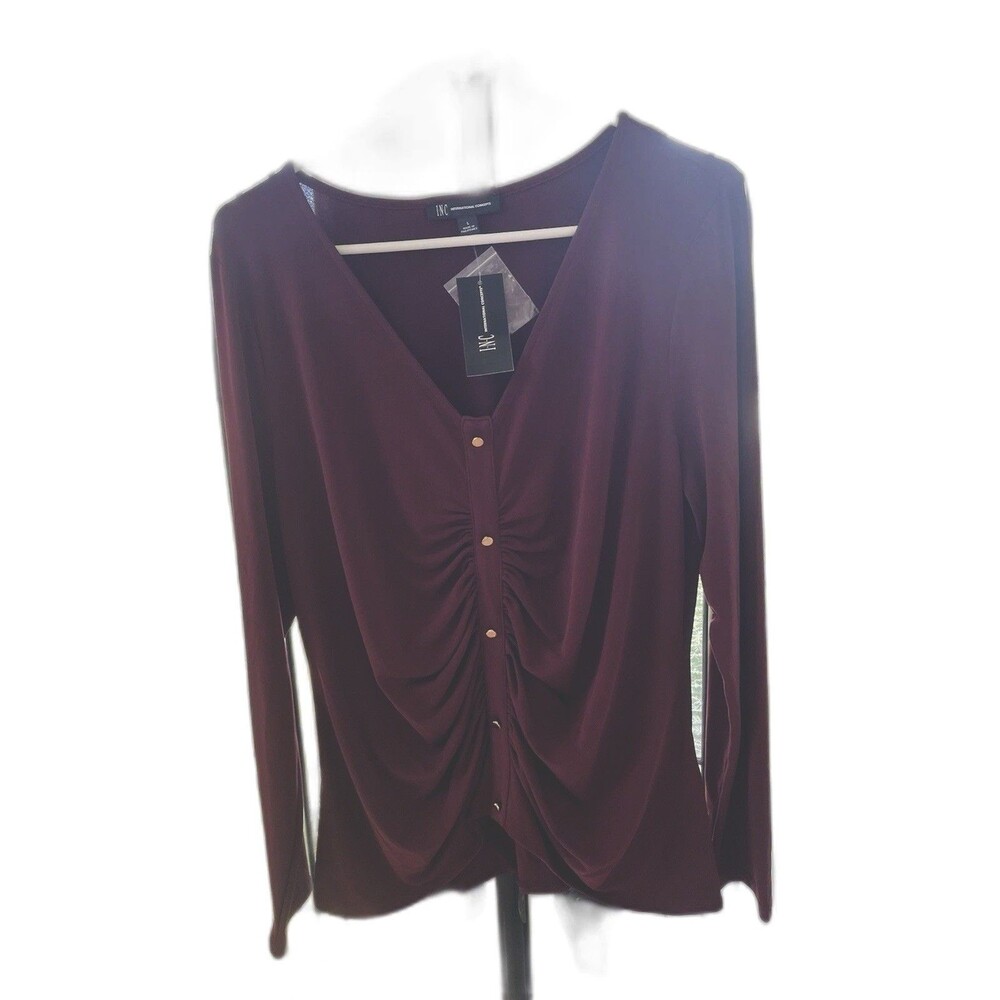 I.N.C. Long Sleeve V-neck Womens Blouse Large Burgundy Ruched Office Casual NWT